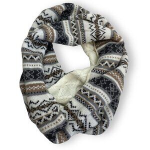 Muk Luks Infinity Loop Scarf Fair Isle Knit Ivory Beige Gray Reversible Nordic